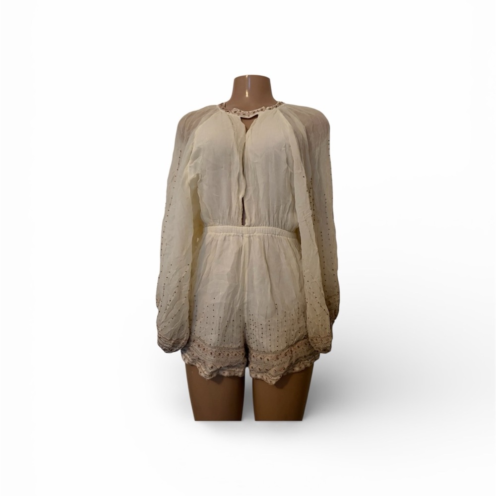 Free People Cream Embroidered  Jumpsuit